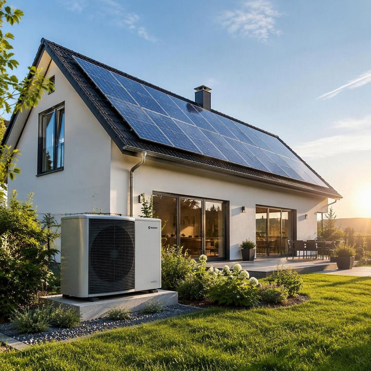Haus mit Solarzellen und Wärmepumpe-BayernKI