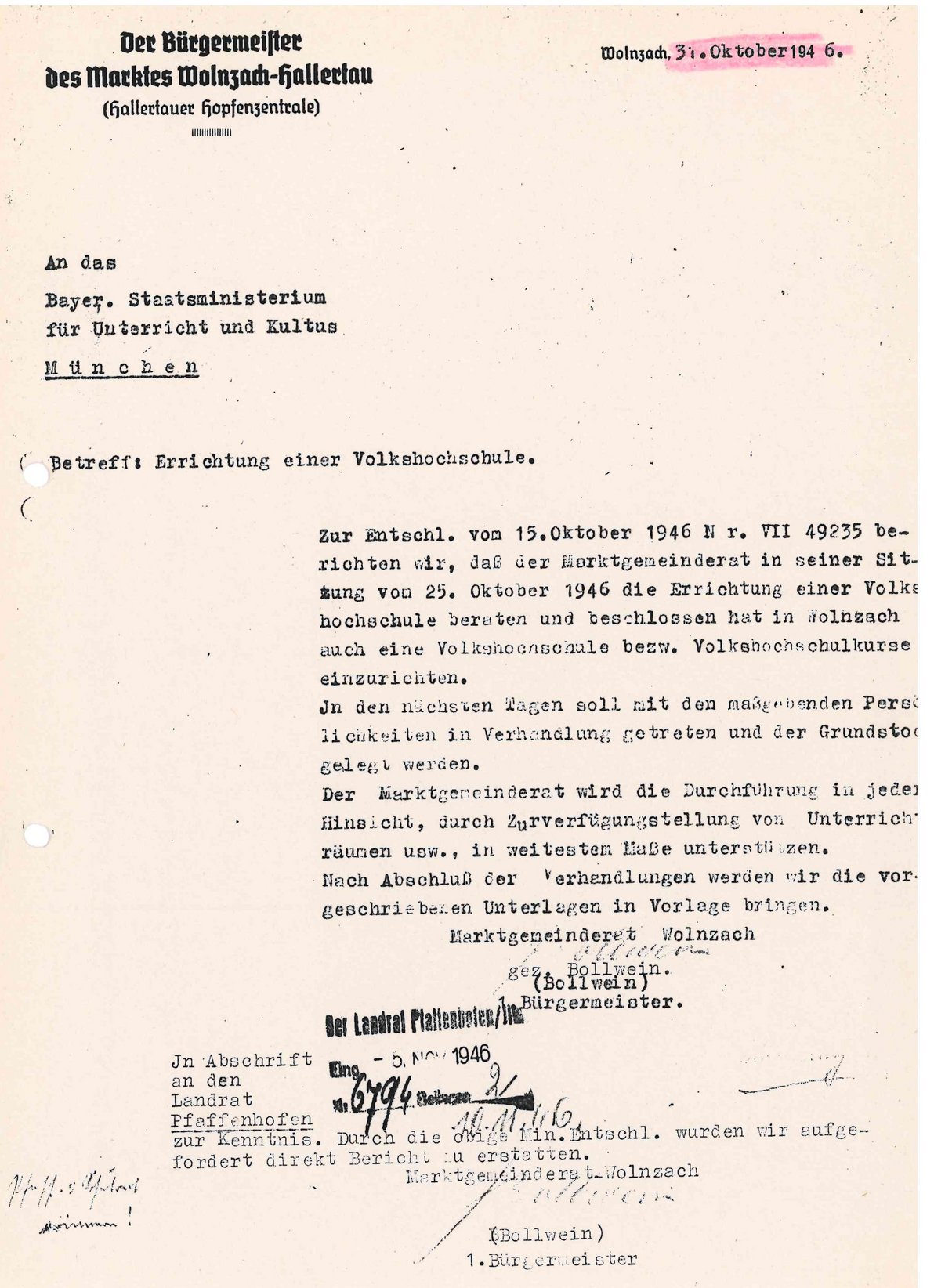 Beschluss Gründung Wolnzach 25. Oktober 1946
