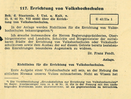 Erlass 1946 Gründung von Volkshochschulen