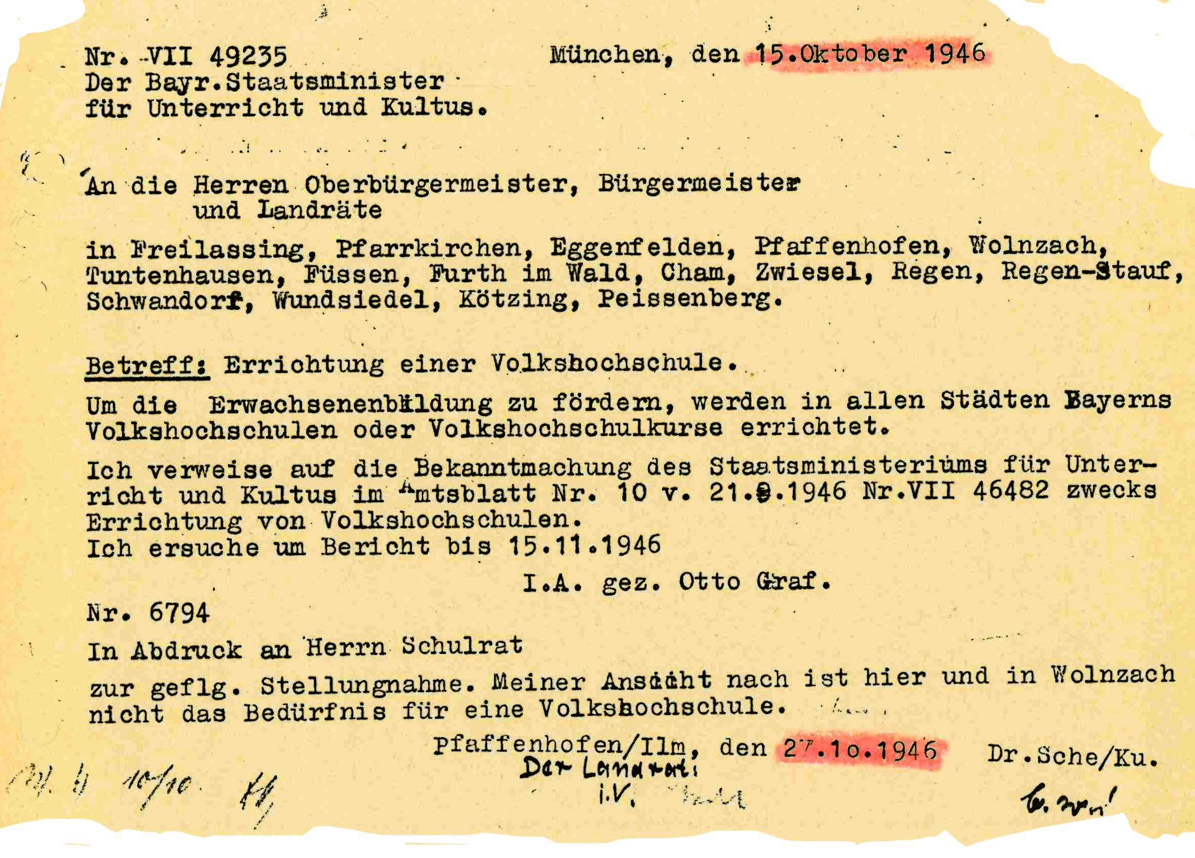 Schreiben des Kultusministeriums vom 15.10.1946
