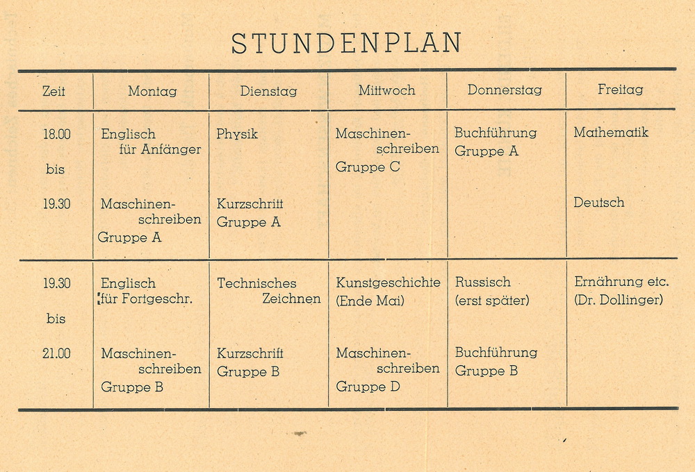 Stundenplan Frühjahr 1947