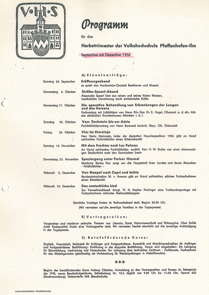 Programm Herbsttrimester 1956 - 10 Jahre vhs